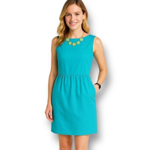 J.Crew 4 Aqua Blue Sleeveless Ruched Sheath Lined Mini Dress Pockets Career - Picture 1 of 9